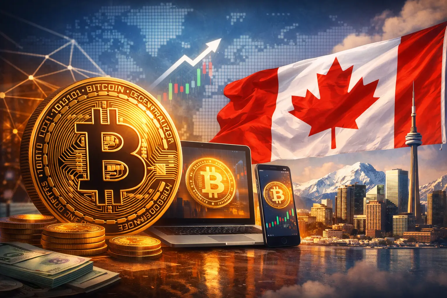 A digital illustration of Bitcoin in Canada, featuring a golden Bitcoin coin, the Canadian flag, Toronto skyline, and financial charts on devices.