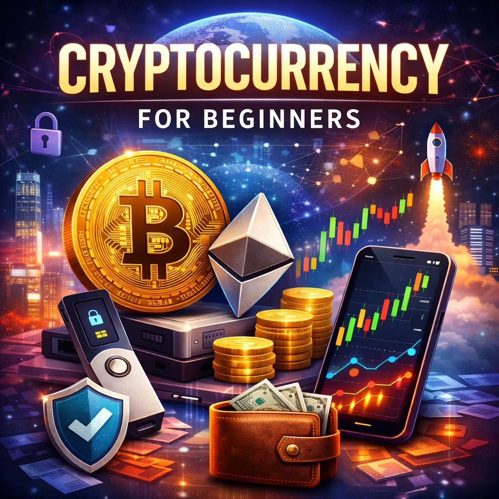 Square illustration for “Cryptocurrency for Beginners” showing a futuristic city, Bitcoin and Ethereum coins, a hardware wallet, a smartphone with a crypto chart, and a rocket symbolizing investing and digital security.