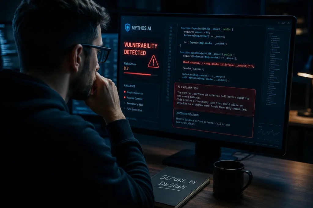 AI crypto security tools: developer analyzing smart contract vulnerability detection with MYTHOS AI showing risk score and security analysis