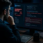 AI crypto security tools: developer analyzing smart contract vulnerability detection with MYTHOS AI showing risk score and security analysis