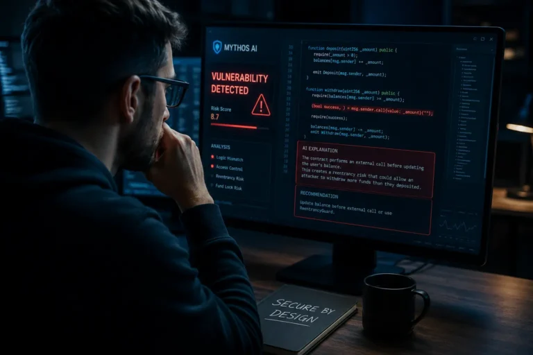 AI crypto security tools: developer analyzing smart contract vulnerability detection with MYTHOS AI showing risk score and security analysis
