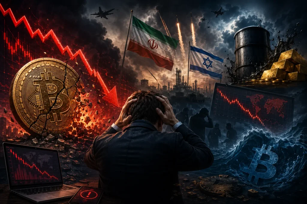 Bitcoin price crash 2026 as geopolitical tensions between Iran and Israel trigger market selloff, crashing BTC value amid oil price surge and global crypto liquidations