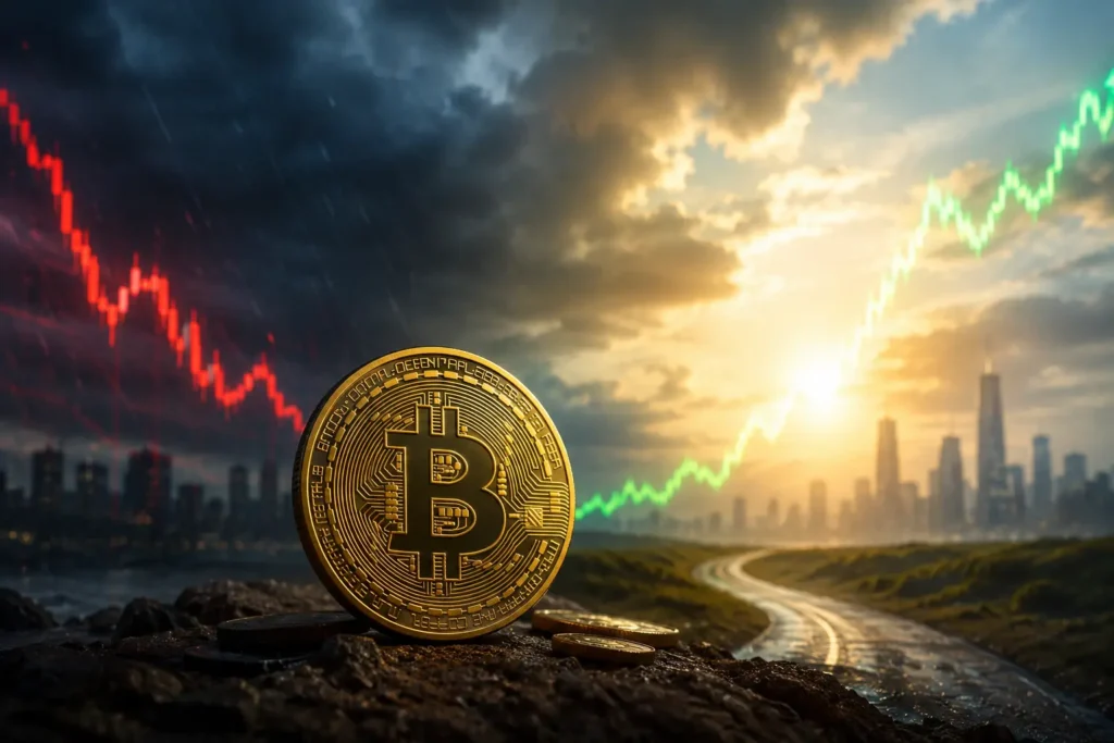 Bitcoin price prediction 2026 showing BTC coin against a split sky with red bearish chart on the left and green bullish chart on the right