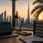 Dubai VARA crypto AML compliance desk with risk assessment laptop, regulatory binders, and Dubai skyline at sunset