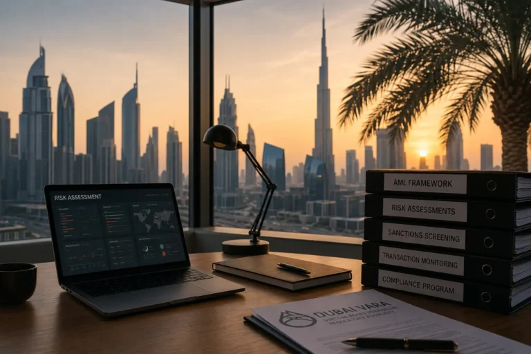 Dubai VARA crypto AML compliance desk with risk assessment laptop, regulatory binders, and Dubai skyline at sunset