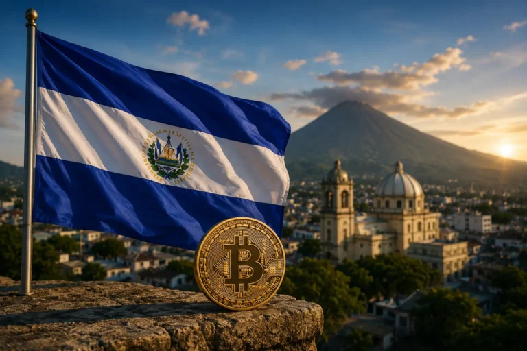 El Salvador flag and Bitcoin coin on a stone wall with a volcano and city skyline at sunset