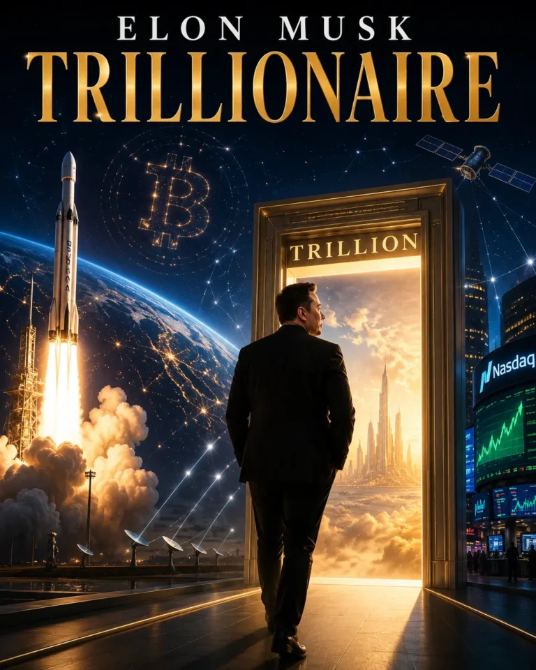 Elon Musk trillionaire status illustrated with a figure walking through a golden door labeled Trillion, a SpaceX rocket launch, a Bitcoin constellation, and the Nasdaq stock exchange in the background.