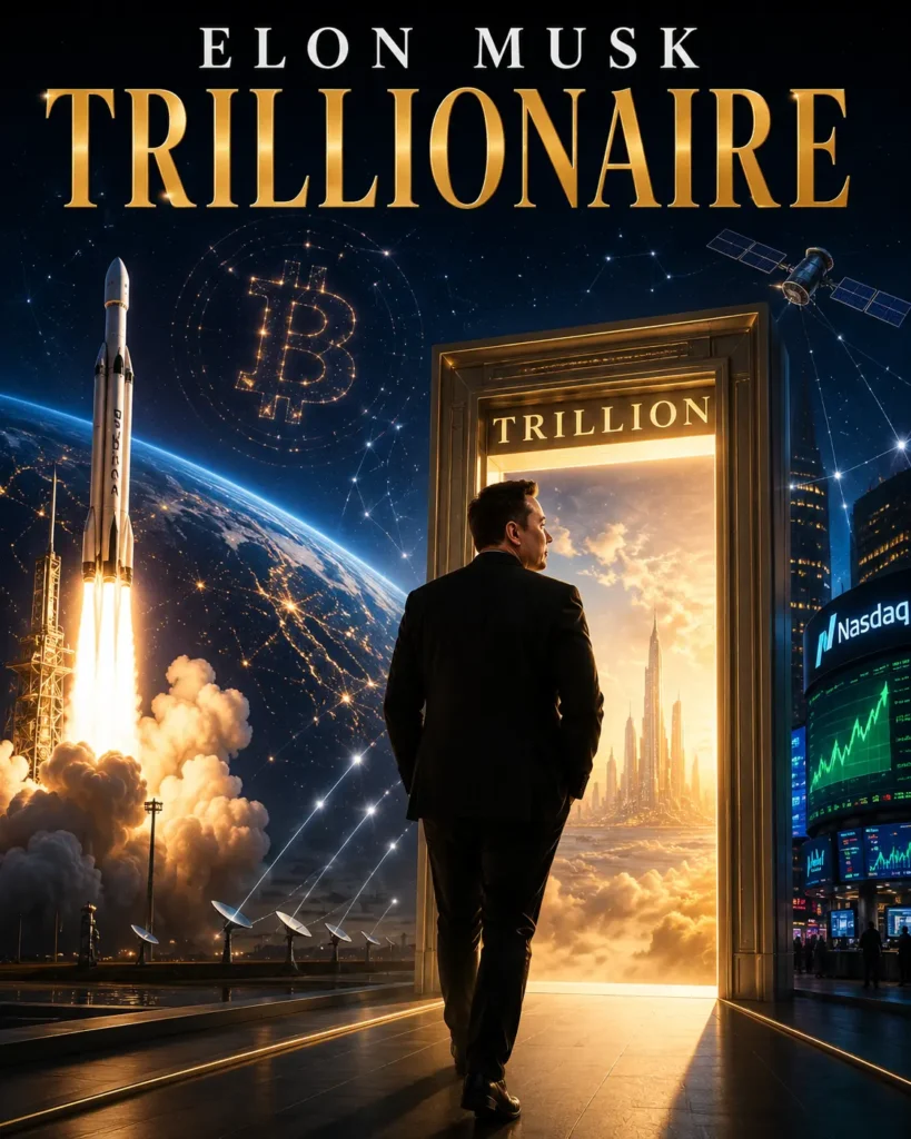 Elon Musk trillionaire status illustrated with a figure walking through a golden door labeled Trillion, a SpaceX rocket launch, a Bitcoin constellation, and the Nasdaq stock exchange in the background.