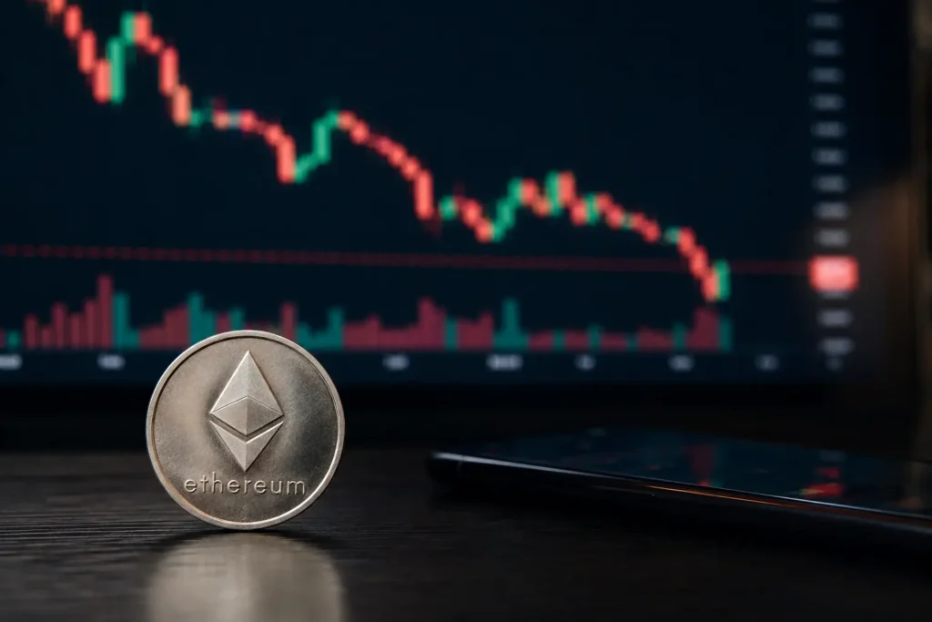 Ethereum dormant wallet selling shown as ETH coin against declining price chart with red candlesticks