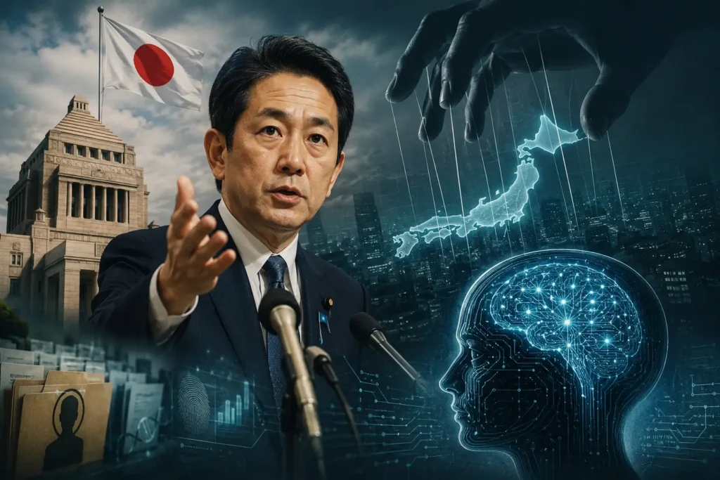 Japan Digital Minister Hisashi Matsumoto speaking at a press briefing warning of Japan AI colony risk as puppet strings control a digital map of Japan
