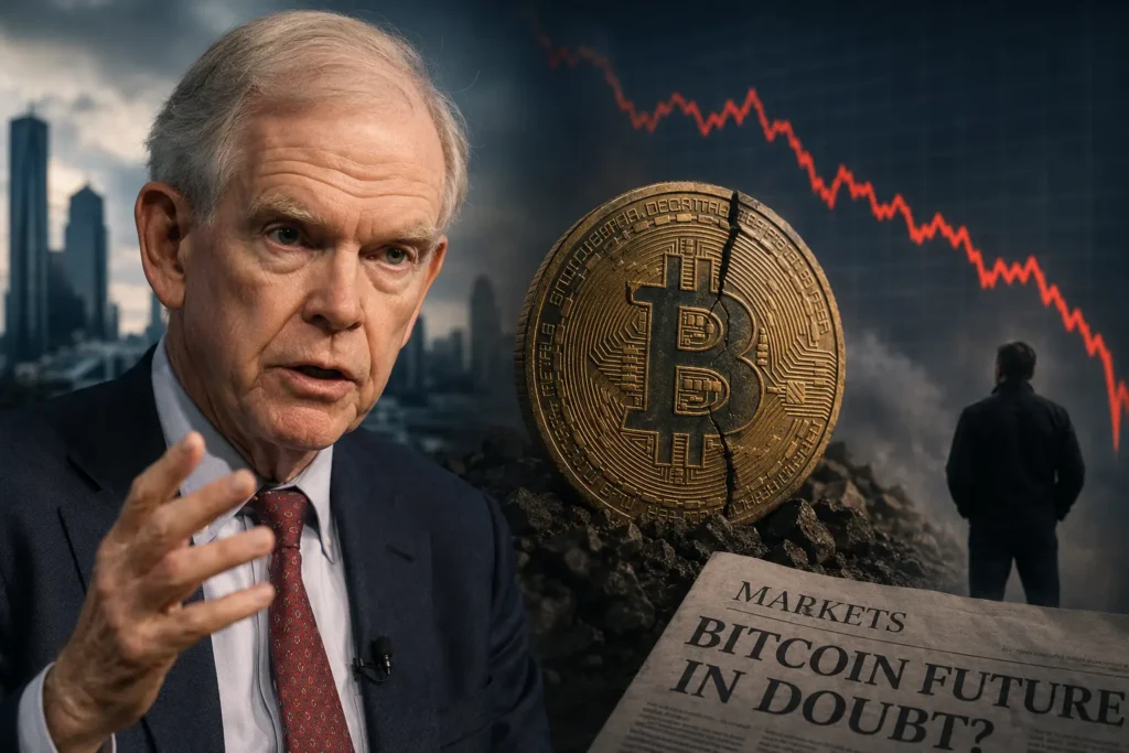 Jeremy Grantham Bitcoin prediction as cracked BTC coin and falling red chart with markets headline Bitcoin future in doubt