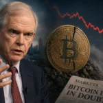 Jeremy Grantham Bitcoin prediction as cracked BTC coin and falling red chart with markets headline Bitcoin future in doubt