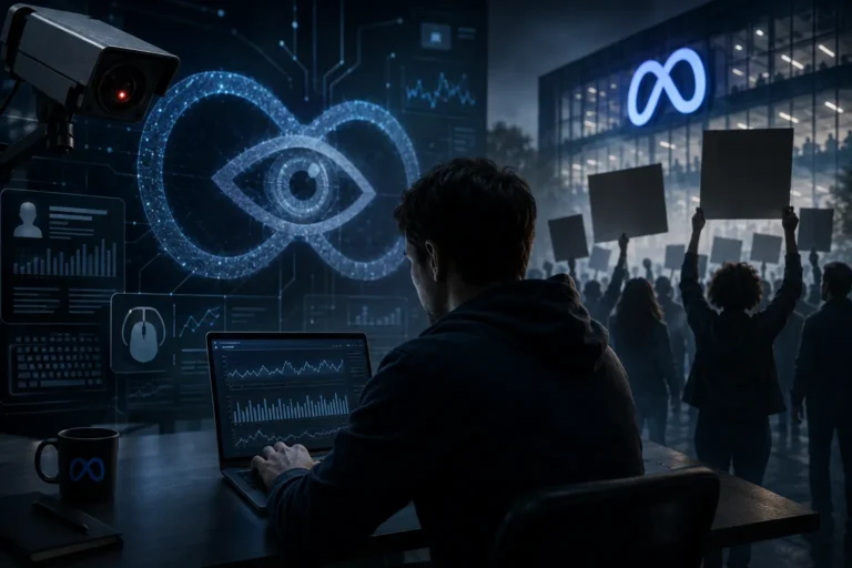 A person working on a laptop monitored by a surveillance camera, with the Meta logo and protesters holding signs visible in the background, illustrating the Meta employee mouse tracking controversy.