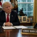 Trump CBDC ban delay — President sits at Oval Office desk with unsigned legislation