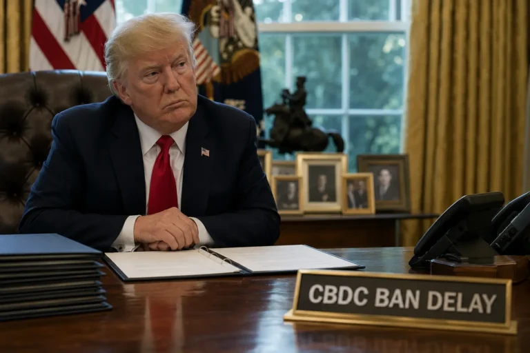 Trump CBDC ban delay — President sits at Oval Office desk with unsigned legislation