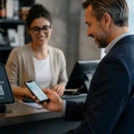 UK SMEs crypto payments: customer scanning QR code to pay with cryptocurrency at a business counter
