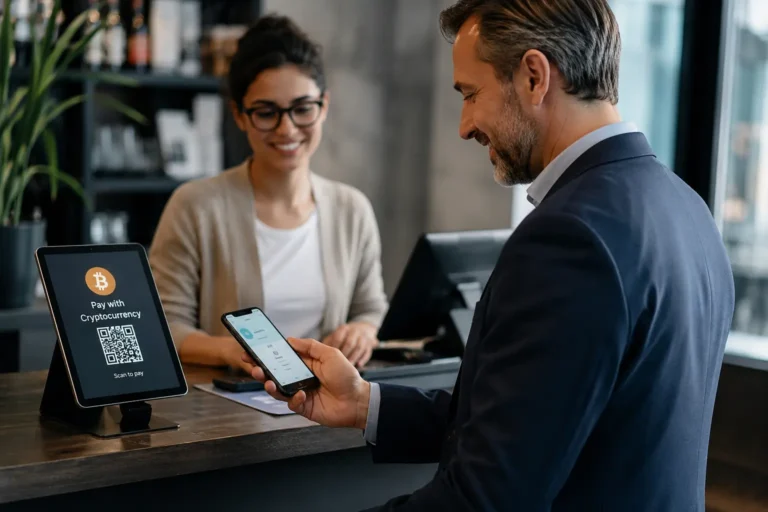 UK SMEs crypto payments: customer scanning QR code to pay with cryptocurrency at a business counter
