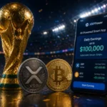 XRPPower smart app earnings: smartphone displaying automated earning dashboard with XRP and Bitcoin cryptocurrency coins