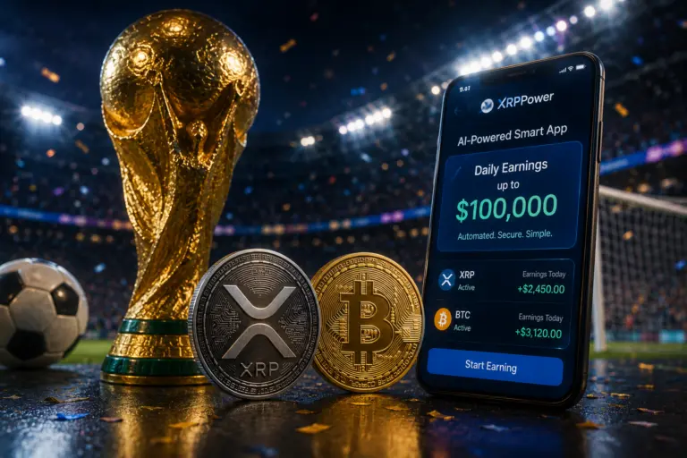 XRPPower smart app earnings: smartphone displaying automated earning dashboard with XRP and Bitcoin cryptocurrency coins