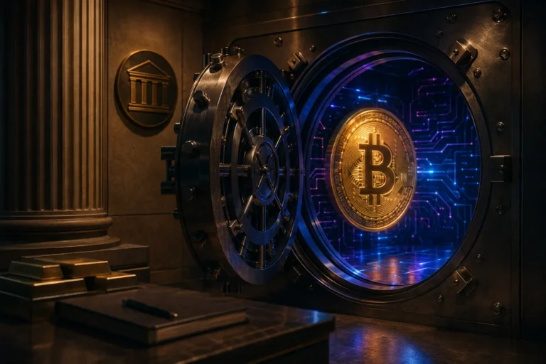 A dramatic digital illustration of an open bank vault door revealing a glowing Bitcoin symbol surrounded by blue and purple circuit board patterns, representing the bitcoin custody quantum threat — set against a dark, ornate banking interior with gold bars and a classical bank emblem on the wall, symbolizing the vulnerability of traditional crypto storage to emerging quantum computing risks.