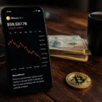 bitcoin price falling dollar shown on phone screen with BTC at $59,587 amid 2026 crypto bear market