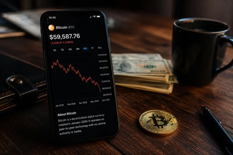 bitcoin price falling dollar shown on phone screen with BTC at $59,587 amid 2026 crypto bear market