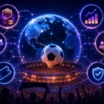 A football stadium with a glowing globe and blockchain network overlay, surrounded by six circular icons representing crypto tokens, partnerships, ticketing, fan engagement, market growth, and security, illustrating the crypto FIFA World Cup 2026 blockchain ecosystem.