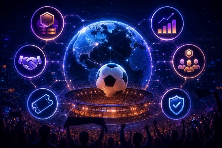 A football stadium with a glowing globe and blockchain network overlay, surrounded by six circular icons representing crypto tokens, partnerships, ticketing, fan engagement, market growth, and security, illustrating the crypto FIFA World Cup 2026 blockchain ecosystem.