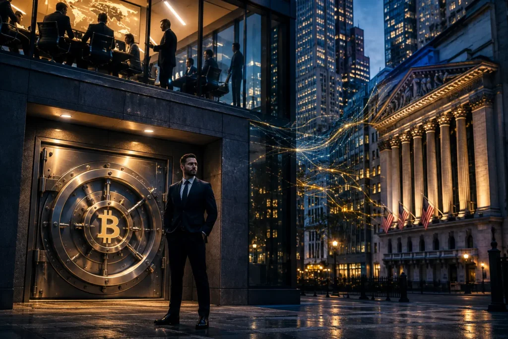 regulated bitcoin custody provider: institutional banker standing before secured Bitcoin vault in financial district