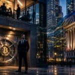 regulated bitcoin custody provider: institutional banker standing before secured Bitcoin vault in financial district
