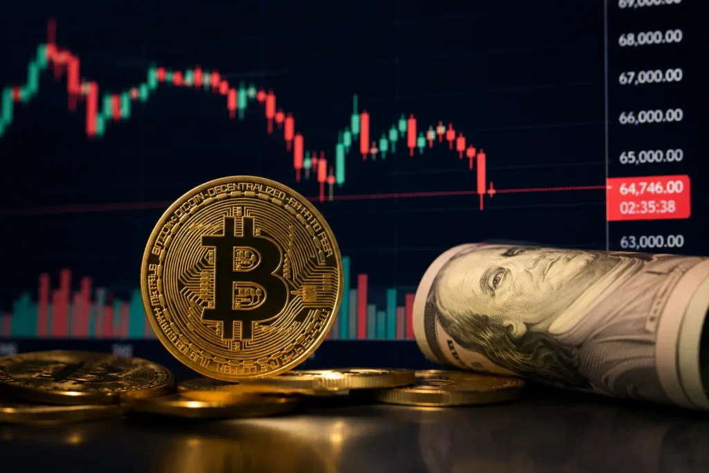 Bitcoin GDP miss rally coin displayed against a falling price chart near $64,746