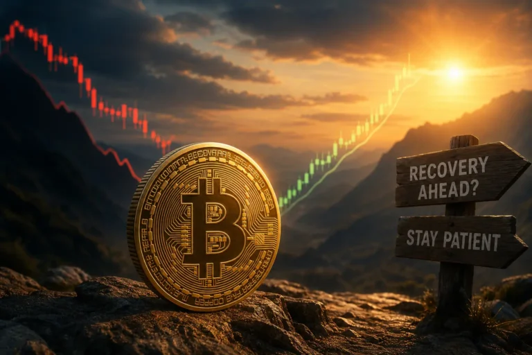 Bitcoin bear market recovery concept with a red-to-green price chart, a bitcoin coin, and a sign reading recovery ahead