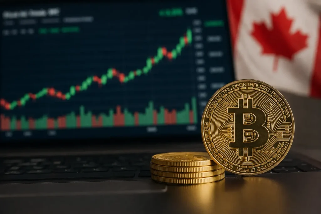 Bitcoin price Canadian investors chart rising on laptop screen beside Bitcoin coins and Canadian flag