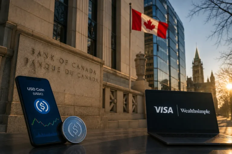 Canada stablecoin rules 2027 shown as USDC coin and phone beside Bank of Canada building with Visa Wealthsimple laptop