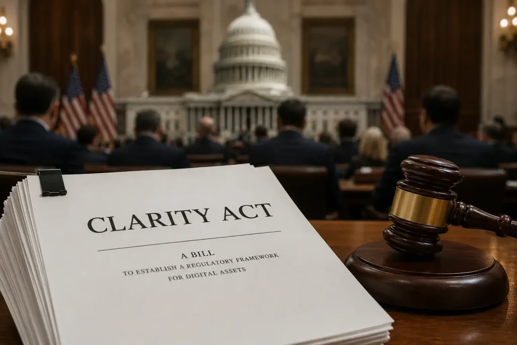 Clarity Act crypto ban bill on a Senate desk beside a gavel, with the Capitol in the background