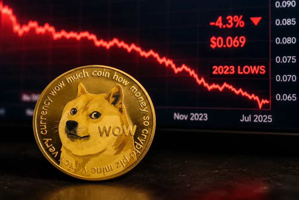 Dogecoin Hits 2023 Lows as coin sits before a red price chart showing a 4.3% drop to $0.069 amid the crypto downturn