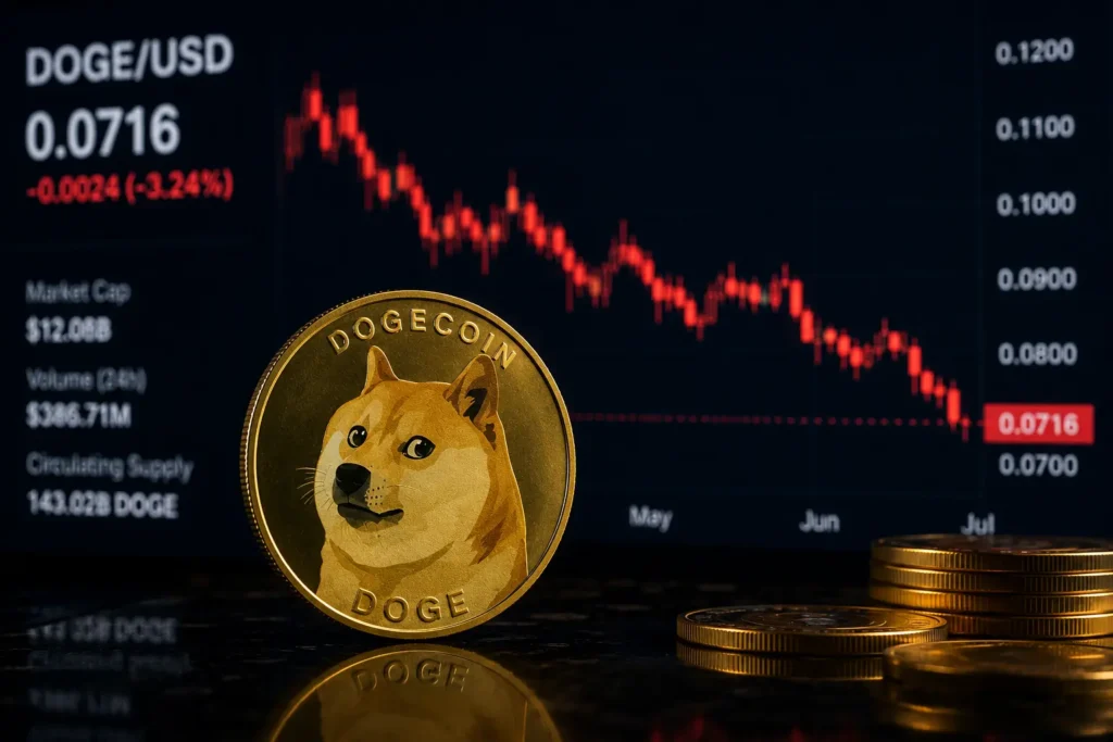 Dogecoin price prediction 2026 chart showing DOGE down 3.24% to $0.0716 amid a bearish downtrend