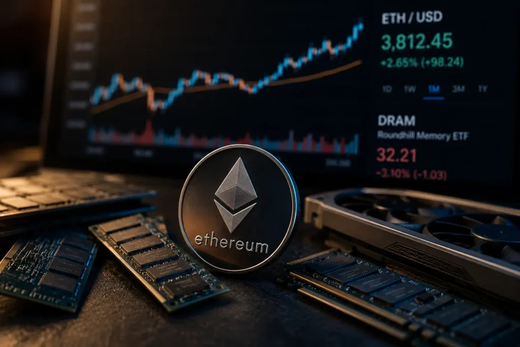 Ethereum AI downstream trade shown as ETH coin next to falling DRAM chips