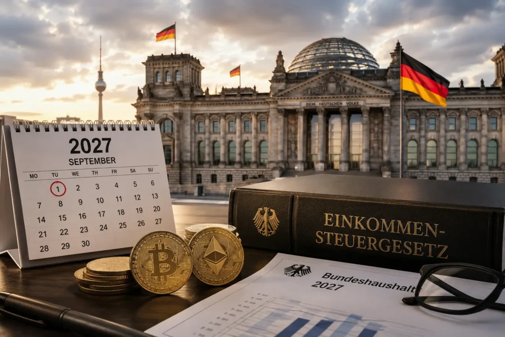 Germany crypto tax exemption concept showing Bitcoin and Ethereum coins beside German tax documents, a 2027 budget report, and the Reichstag building in Berlin, illustrating Germany's proposed plan to end the long-term crypto tax exemption from 2027.