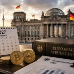 Germany crypto tax exemption concept showing Bitcoin and Ethereum coins beside German tax documents, a 2027 budget report, and the Reichstag building in Berlin, illustrating Germany's proposed plan to end the long-term crypto tax exemption from 2027.