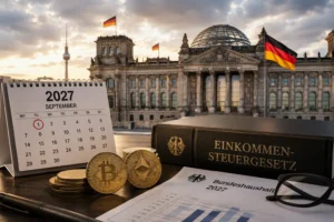 Germany crypto tax exemption concept showing Bitcoin and Ethereum coins beside German tax documents, a 2027 budget report, and the Reichstag building in Berlin, illustrating Germany's proposed plan to end the long-term crypto tax exemption from 2027.
