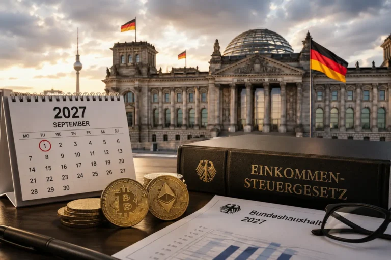 Germany crypto tax exemption concept showing Bitcoin and Ethereum coins beside German tax documents, a 2027 budget report, and the Reichstag building in Berlin, illustrating Germany's proposed plan to end the long-term crypto tax exemption from 2027.