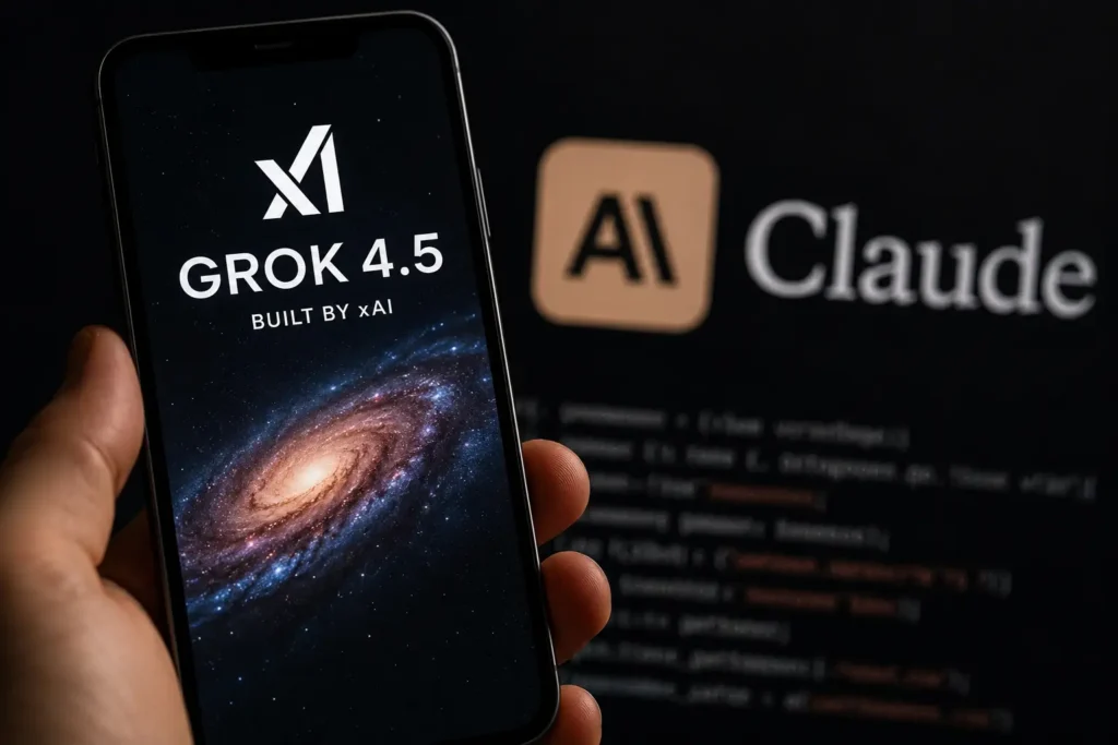 Grok 4.5 vs Claude shown side by side, with a phone displaying the Grok 4.5 app next to the Claude logo on screen