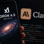 Grok 4.5 vs Claude shown side by side, with a phone displaying the Grok 4.5 app next to the Claude logo on screen