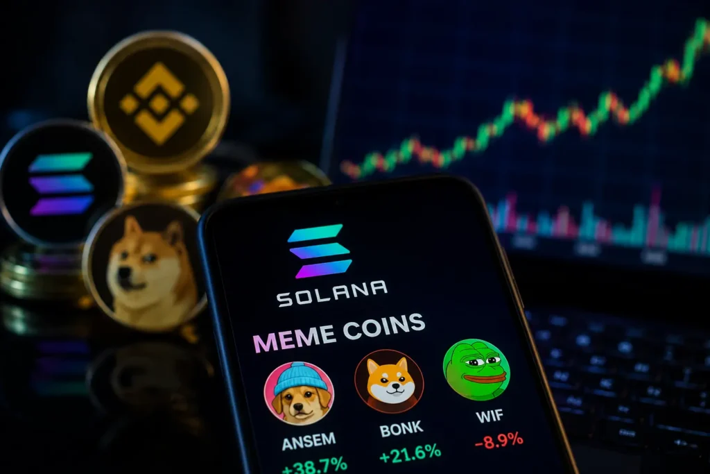 Solana meme coin trading displayed on a smartphone screen with cryptocurrency tokens and a live market chart in the background.