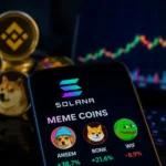 Solana meme coin trading displayed on a smartphone screen with cryptocurrency tokens and a live market chart in the background.