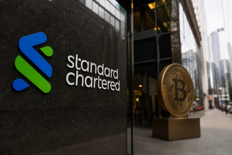 Standard Chartered Bitcoin target chart shown beside falling Strategy MSTR stock price