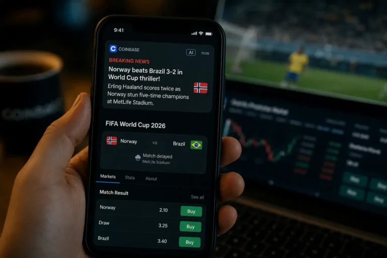 Coinbase AI prediction market alert showing a false Norway vs Brazil World Cup result while the match page shows it as delayed.