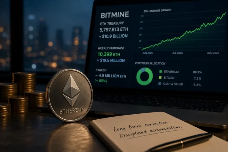 BitMine buys more Ethereum, shown on a treasury dashboard with ETH holdings, staking, and portfolio data