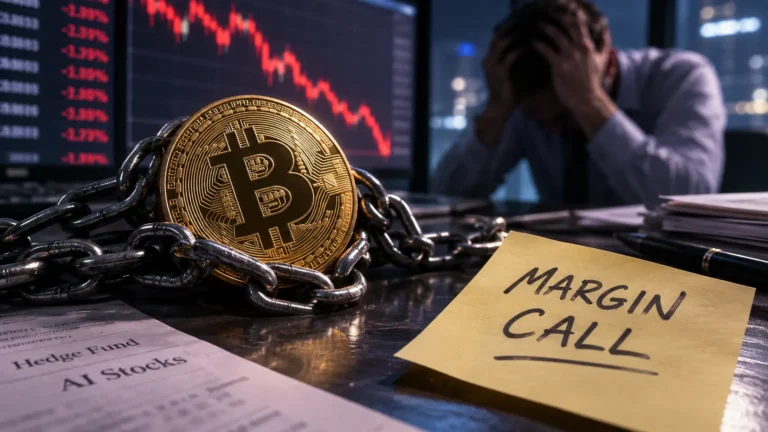Bitcoin margin call selling shown as a chained gold coin beside a falling stock chart and hedge fund AI stocks paper